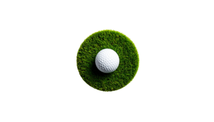 Golf ball on tee or close up of round ball on green grass equipment isolated on white background