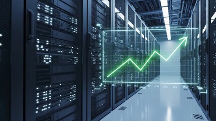 Server room datacenter with upward trending growth chart overlay. Technology infrastructure displaying performance metrics and business analytics through rising arrow graph representing digital - Powered by Adobe