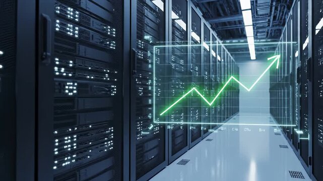 Server room datacenter with upward trending growth chart overlay. Technology infrastructure displaying performance metrics and business analytics through rising arrow graph representing digital - Powered by Adobe