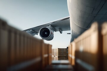 Cargo aircraft engine above stacked containers, illustrating air freight logistics, airport cargo operations and global transport infrastructure