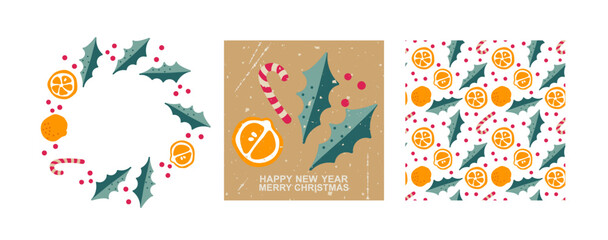 Christmas cards. Cheerful holiday designs with tangerine, Holly, candy canes. Christmas Seamless pattern, round frame, card. Hand drawn Doodle vector illustration for winter holiday designs.