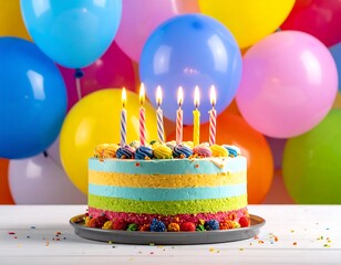 Colorful birthday cake with lit candles against a vibrant balloon background on a white surface