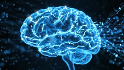 Abstract glowing blue digital human brain with neural network connections and data flow in dark space - Powered by Adobe