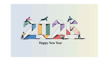 New Year 2026: a creative and minimalist illustration, figures creatively construct the numbers of the upcoming year, symbolizing collaboration, new beginnings.