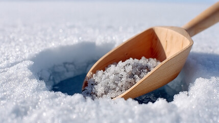 Winter ice fishing adventure on a frozen lake with wooden scoop and sunlit hole for outdoor enthusiasts