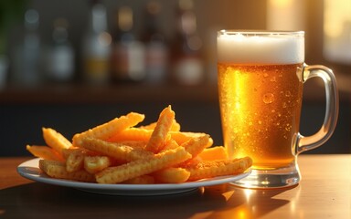 Cold beer with snacks. AI generative. High quality