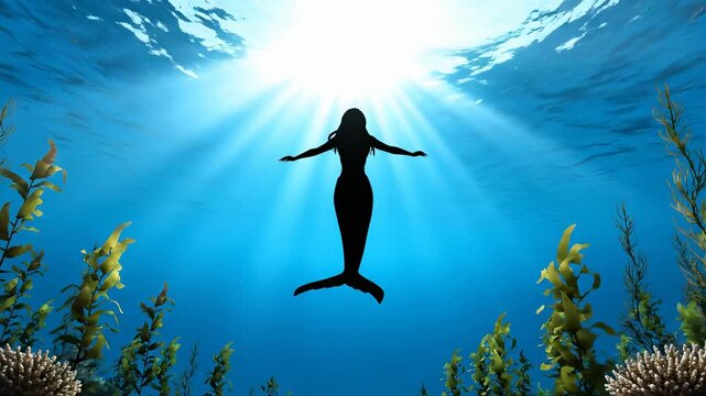 Beautiful mermaid swimming under vibrant ocean. Sunlight beams filter through water, creating magical atmosphere. Underwater scene showcases serenity and adventure.