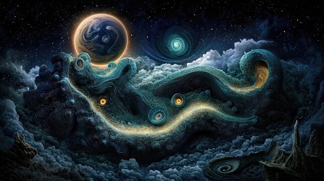 An abstract artwork depicting a celestial creature floating among clouds and orbs in a night sky filled with stars. The creature has glowing eyes and a path of