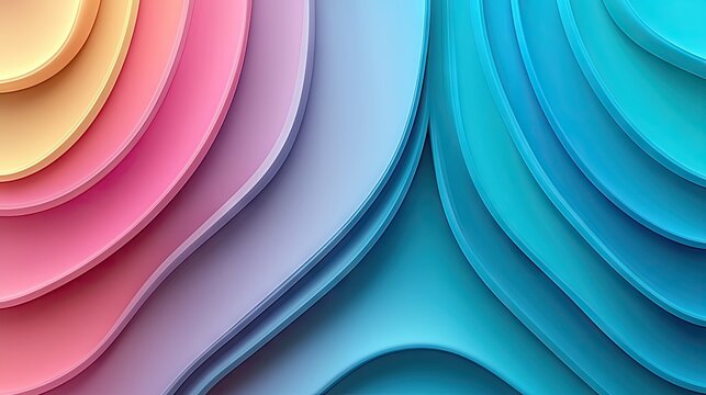 An abstract image featuring a series of layered shapes in a gradient of pastel colors. The shapes are curved and create a sense of depth and dimension. - Powered by Adobe