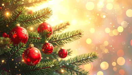Festive Christmas Background: Decorated Pine Branches, Shiny Red Ornaments, and Warm Golden Lights with Bokeh Effect.