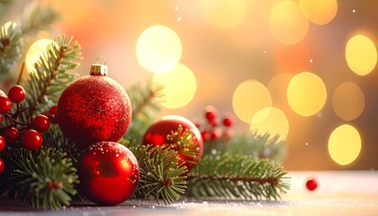 Sparkling Christmas Background: Close-up of Decorated Evergreen Branches, Red Glass Balls, and Magical Gold Light Blurs.