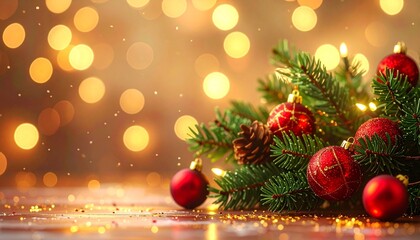 Magical Christmas Background: Holiday Tree Details, Red Decorations, and Beautiful Golden Bokeh. Shallow Depth of Field.