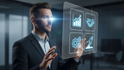 Businessman interacting with futuristic holographic interface in modern office setting
