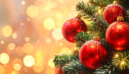 Luxurious Christmas Background: Detailed Fir Tree with Red Baubles and Bright Gold String Lights. Perfect for Holiday Design.