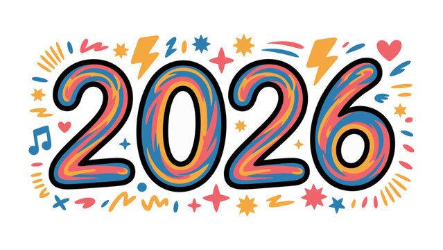 2026: A vibrant and colorful graphic depicting the year 2026, radiating optimism and excitement with dynamic shapes.