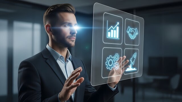 Businessman interacting with futuristic holographic interface in modern office setting