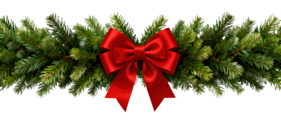 Elegant Christmas pine garland clipart with a bright red ribbon bow, created as a clean isolated PNG on a transparent background, perfect for holiday cards, digital designs, stickers, festive layouts
