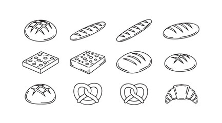 Collection of hand drawn bakery bread and pastry icons in silhouette