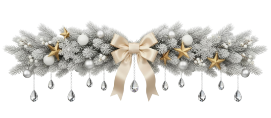 Luxurious frosted Christmas garland clipart with a soft gold bow, white ornaments and crystal drops, delivered as a transparent isolated PNG perfect for elegant winter cards, branding, holiday layouts