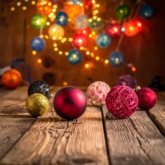 Colorful, bokeh holiday lights strung above a rustic wooden table strewn with decorative yarn and glittered baubles