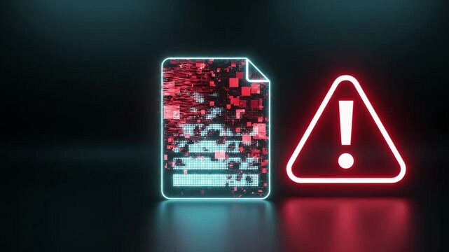 Corrupted digital file with pixelated glitch effect next to warning triangle symbol. Cybersecurity threat visualization representing malware infection, data breach alert and compromised document