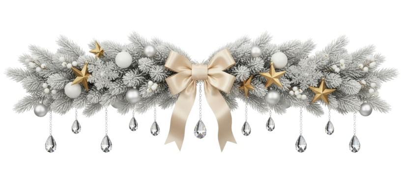 Luxurious frosted Christmas garland clipart with a soft gold bow, white ornaments and crystal drops, delivered as a transparent isolated PNG perfect for elegant winter cards, branding, holiday layouts