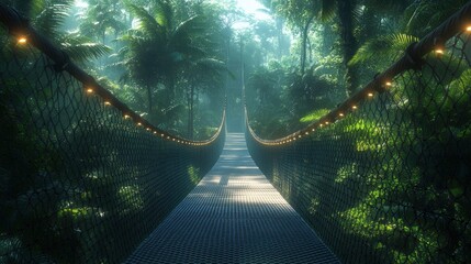 Suspended Walkway in Lush Rainforest Canopy with Soft Lighting