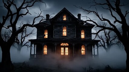 Haunted house illuminated at night. Abandoned spooky mansion surrounded by fog and bare trees. Eerie atmosphere creates thrilling experience for viewers.