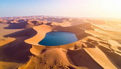 An aerial view showcases a serene desert landscape featuring a lake surrounded by towering sand dunes under a bright, sunny sky. The image captures the natural