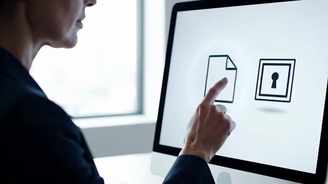 Finger pointing at document next to locked folder symbol on computer screen. Digital file security interface for data protection, confidential information management and access control through