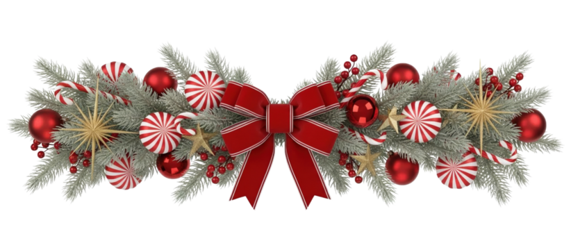 Cheerful Christmas garland clipart featuring peppermint candies, red ornaments, pine branches and a bold red bow, provided as an isolated transparent PNG perfect for cards, stickers and packaging