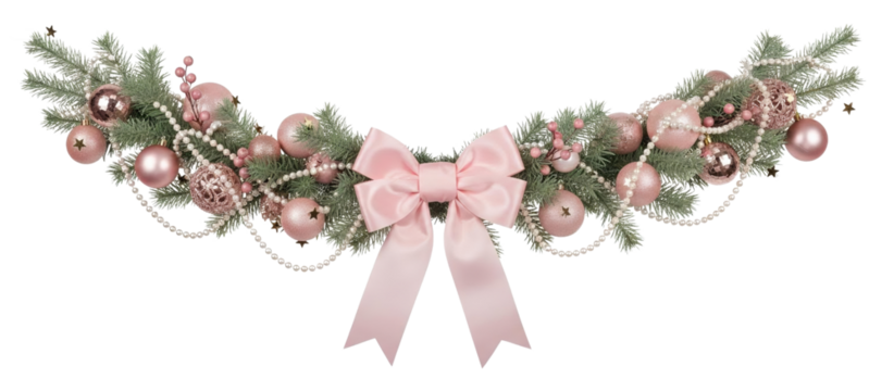 Delicate pastel Christmas garland clipart with pink ornaments, soft ribbon bow and frosted pine greenery, created as a transparent isolated PNG ideal for feminine holiday cards, branding and designs