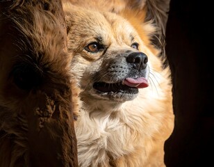 Close-up of a fluffy tan dog with tongue sticking out, framed by dark shadows
