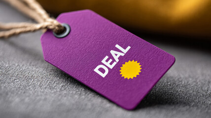 Purple deal label on fabric, signifying a discount or promotion.