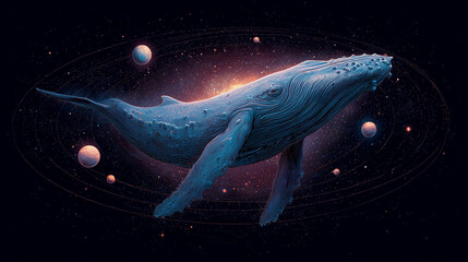 Surreal whale floating in cosmic space, concept of imagination, creativity.