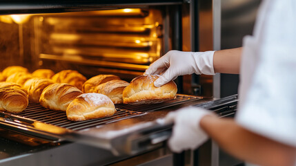 Baking fresh bread in the oven, food production, quality control and small business.