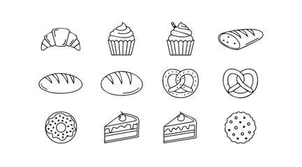 Collection of hand drawn bakery desserts and breads as a black and white silhouette