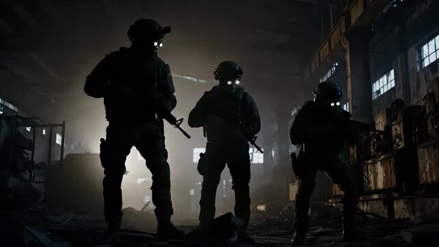 Soldiers in tactical gear move through abandoned warehouse. Team conducts training operation under dramatic lighting. Tension and focus create intense atmosphere.