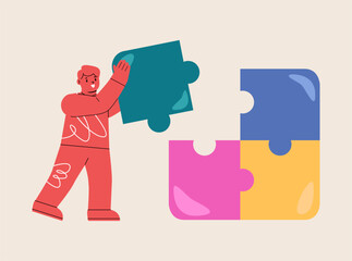 Happy boy play solve puzzle. Colorful vector illustration