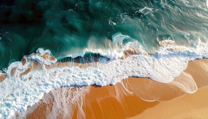 Aerial view of ocean waves crashing on a sandy beach. The image captures the dynamic movement of the water and the contrast between the turquoise ocean and gold