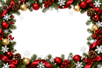 Horizontal Christmas frame clipart with pine branches, red ornaments, gold ribbon and snowflakes around empty center, as a transparent isolated PNG ideal for invitations and greeting cards