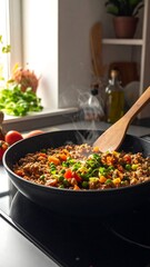 Close-up of a frying pan with simmering ground meat and vegetables on a stovetop in a bright, cozy kitchen