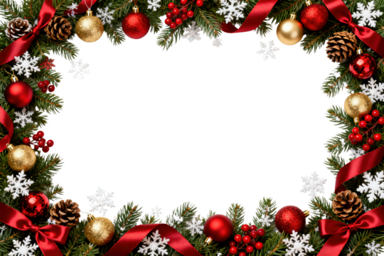 Horizontal Christmas frame clipart with pine branches, red ornaments, gold ribbon and snowflakes around empty center, as a transparent isolated PNG ideal for invitations and greeting cards