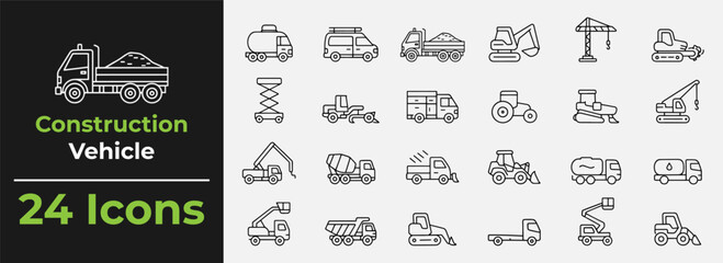 Construction vehicle line icon set. Vector pictograms of loader, bulldozer, grader, paver, roller, utility, concrete mixer, thin linear illustration. vector eps file