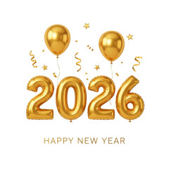 Golden 2026 balloons and confetti happy new year celebration isolated on transparent background