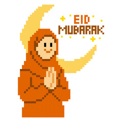 Pixel Art Muslim Woman Eid Mubarak Illustration