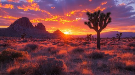 Dramatic Sunset Over Joshua Trees in Desert Landscape