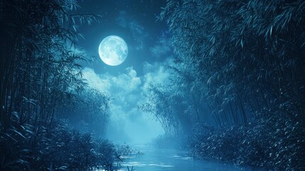 Naklejka premium Tranquil Bamboo Forest Scene Illuminated by Moonlight at Night