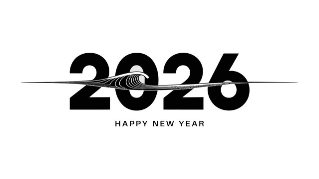 2026 New Year design: The year 2026 is announced in elegant black text. The design is complemented by abstract graphic lines and the greeting Happy New Year.