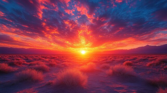 Dramatic Sunset Over a Desert Landscape with Joshua Trees